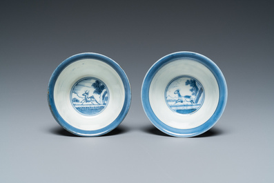A pair of Japanese blue and white Arita 'van Frytom' cups with shield-shaped saucers, Chenghua mark, Edo, 18th C.