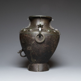 A rare massive Chinese archaistic bronze 'lei' wine vessel with inscription, Song