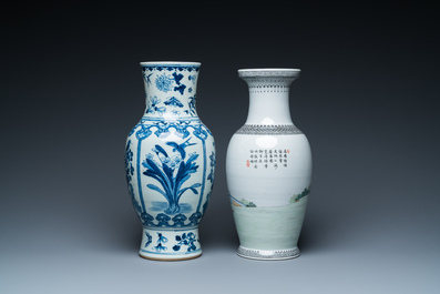 A Chinese blue and white vase and a famille rose vase, 19th and 20th C.
