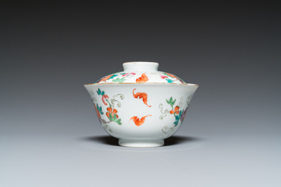 A Chinese famille rose 'butterflies' bowl and cover, Jia Qing Nian Zhi 嘉慶年製 mark, 19/20th C.