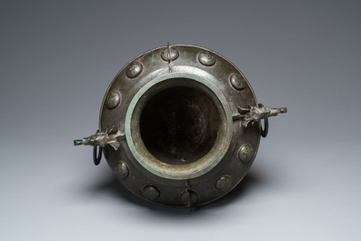 A rare massive Chinese archaistic bronze 'lei' wine vessel with inscription, Song