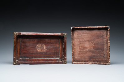Deux grands plateaux, deux plateaux &agrave; opium et un cadre en bois sculpt&eacute; incrust&eacute; de nacre, Chine et/ou Vietnam, 19&egrave;me