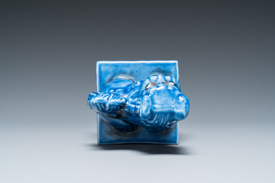 A Chinese monochrome blue Qianlong seal with a Buddhist lion, 19/20th C.