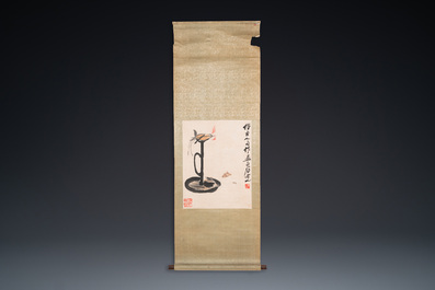 Navolger van Qi Baishi 齊白石 (1864-1957): 'Een olielamp met twee motten', inkt en kleur op papier