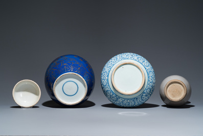 Three Chinese blue and white, crackle-glazed and powder-blue vases, 19th C.
