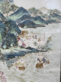 A Chinese famille rose plaque mounted as a table screen, Qianlong