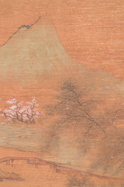 Ecole chinoise: 'Paysage au p&ecirc;cheur', encre et couleurs sur soie, Qing