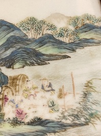 A Chinese famille rose plaque mounted as a table screen, Qianlong