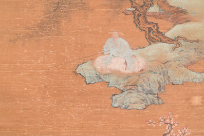 Ecole chinoise: 'Paysage au p&ecirc;cheur', encre et couleurs sur soie, Qing