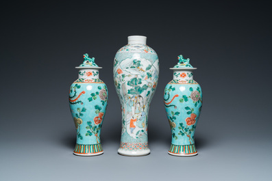 Three Chinese famille verte vases, 19th C.
