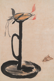 Navolger van Qi Baishi 齊白石 (1864-1957): 'Een olielamp met twee motten', inkt en kleur op papier