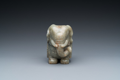 A Chinese grey-speckled celadon jade elephant, Qing