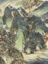 A Chinese famille rose plaque mounted as a table screen, Qianlong