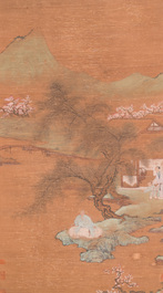 Ecole chinoise: 'Paysage au p&ecirc;cheur', encre et couleurs sur soie, Qing