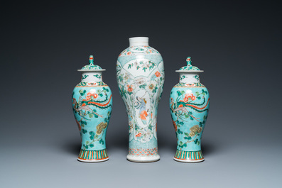 Three Chinese famille verte vases, 19th C.