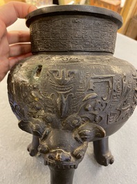 A Chinese bronze tripod 'taotie' censer, Ming
