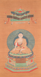 Chinese school: 'Bhaishajyaguru' or 'Medicine Buddha', ink and colour on silk, probably 19th C.
