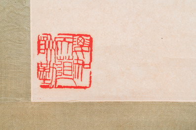 Navolger van Qi Baishi 齊白石 (1864-1957): 'Een olielamp met twee motten', inkt en kleur op papier