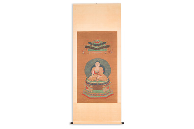 Chinese school: 'Bhaishajyaguru' or 'Medicine Buddha', ink and colour on silk, probably 19th C.