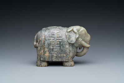 A Chinese grey-speckled celadon jade elephant, Qing