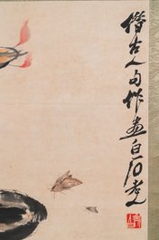 Navolger van Qi Baishi 齊白石 (1864-1957): 'Een olielamp met twee motten', inkt en kleur op papier