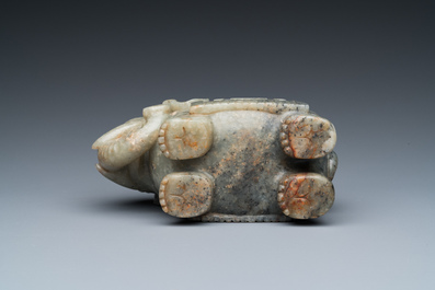 A Chinese grey-speckled celadon jade elephant, Qing