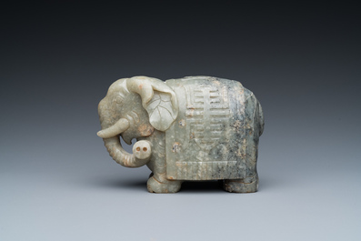 A Chinese grey-speckled celadon jade elephant, Qing