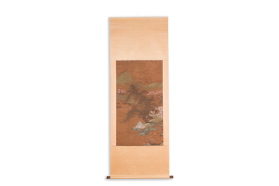 Ecole chinoise: 'Paysage au p&ecirc;cheur', encre et couleurs sur soie, Qing