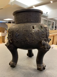A Chinese bronze tripod 'taotie' censer, Ming
