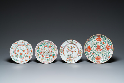 A Chinese famille verte dish, three plates and six saucers, Kangxi
