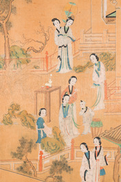 Chinese school: Two garden scenes with ladies and boys, ink and colour on silk, Qing