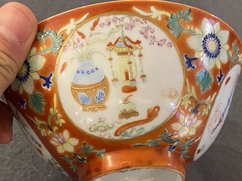A Chinese famille rose coral-ground bowl, Yongzheng mark, Republic