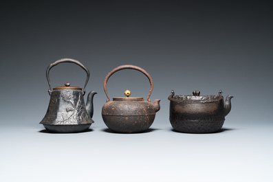 Six Japanese cast iron 'tetsubin' kettles, Meiji, 19/20th C.