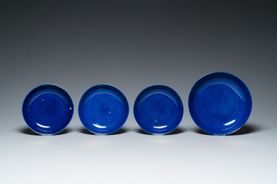 Four Chinese monochrome blue-glazed plates and eight saucers, Guangxu mark and of the period
