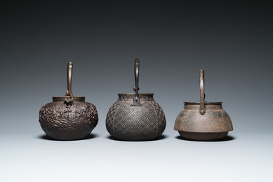 Six Japanese cast iron 'tetsubin' kettles, Meiji, 19/20th C.