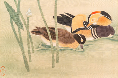 Chen Peiqiu 陳佩秋 (1922-2020): 'Mandarin ducks in a lotus pond', ink and colour on silk, dated 1961