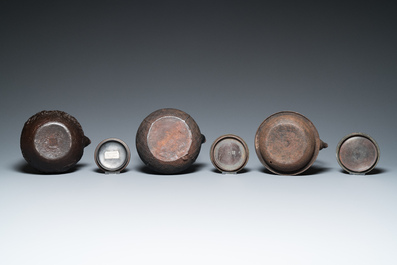 Six Japanese cast iron 'tetsubin' kettles, Meiji, 19/20th C.