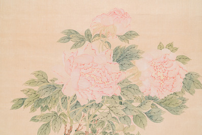 Qiu Jin 秋瑾 (1875-1907): &lsquo;Peonies&rsquo;, ink and colour on silk