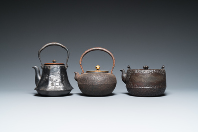 Six Japanese cast iron 'tetsubin' kettles, Meiji, 19/20th C.