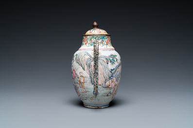 A Chinese Canton enamel teapot, a wine jug and a wine cup, Yongzheng/Qianlong