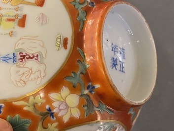 A Chinese famille rose coral-ground bowl, Yongzheng mark, Republic