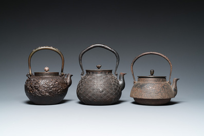 Six Japanese cast iron 'tetsubin' kettles, Meiji, 19/20th C.