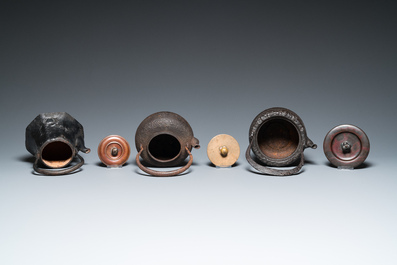 Six Japanese cast iron 'tetsubin' kettles, Meiji, 19/20th C.