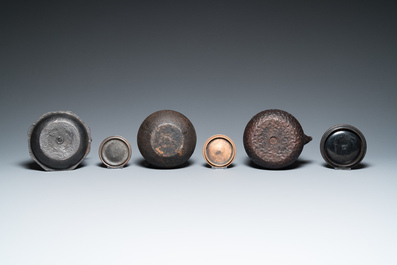 Six Japanese cast iron 'tetsubin' kettles, Meiji, 19/20th C.