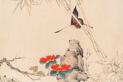 Yu Fei'an 于非闇 (1889-1959): 'Papillon, bambous et cam&eacute;lias', encre et couleurs sur soie, dat&eacute; 1941
