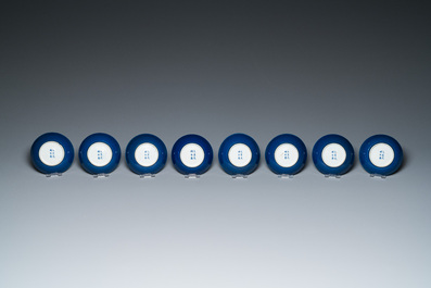Four Chinese monochrome blue-glazed plates and eight saucers, Guangxu mark and of the period