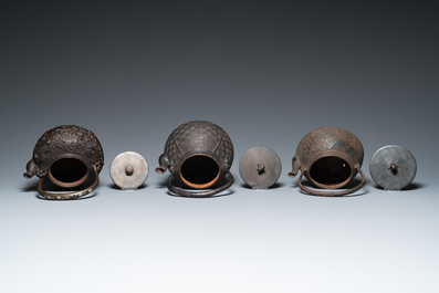 Six Japanese cast iron 'tetsubin' kettles, Meiji, 19/20th C.