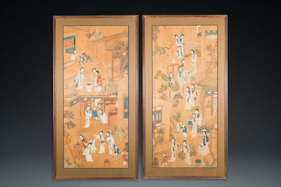 Chinese school: Two garden scenes with ladies and boys, ink and colour on silk, Qing