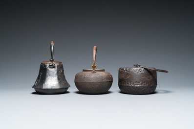 Six Japanese cast iron 'tetsubin' kettles, Meiji, 19/20th C.