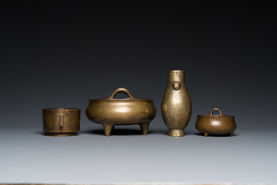Three Chinese bronze censers and a silver-inlaid bronze vase, Qing